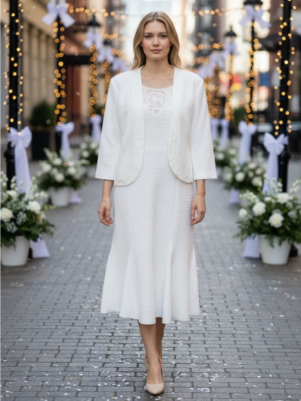 NWTBrianna Milay White 2-Piece Set Size 16 – Lace Neck Dress + Matching Jacket